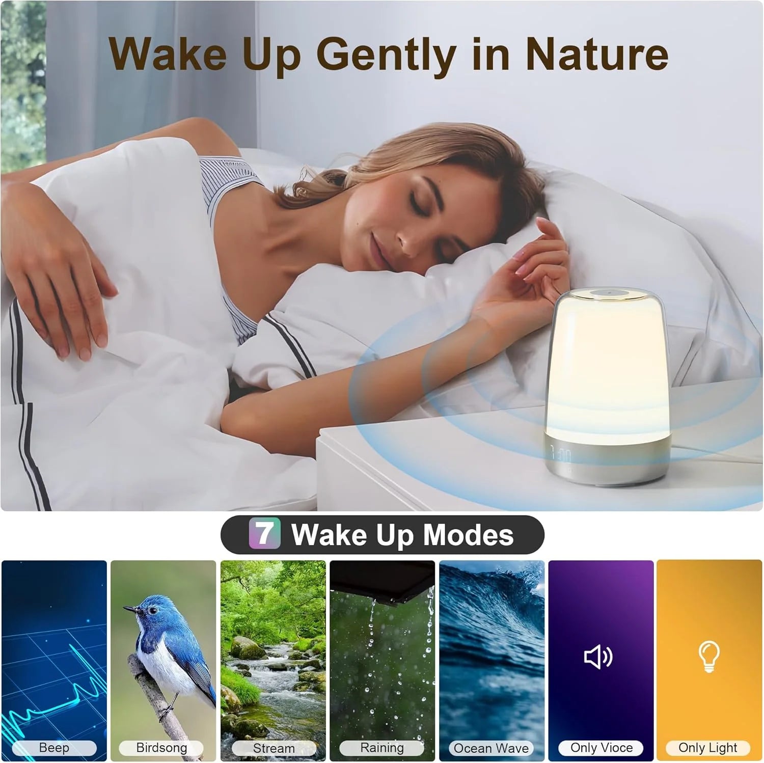 Sunrise Alarm Clock with Dimmable RGB Light, Modern Digital Bedside Lamp for Heavy Sleepers